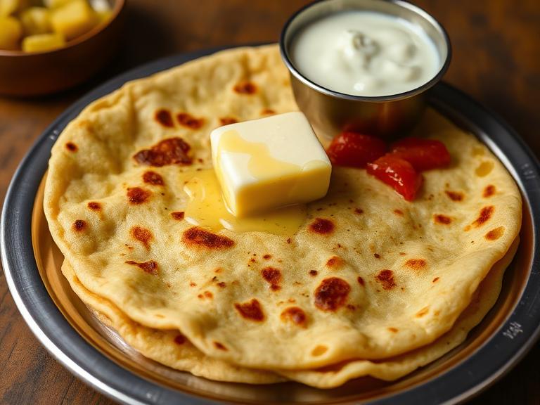 Aloo Paratha — Hot Aloo Paratha, freshly cooked on the tawa.