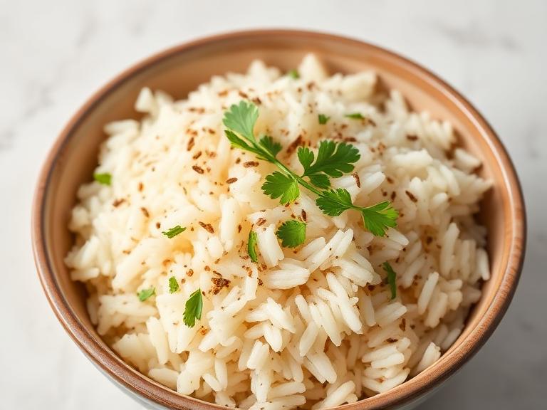 Jeera Chawal — Freshly cooked Jeera Chawal, aromatic and satisfying.