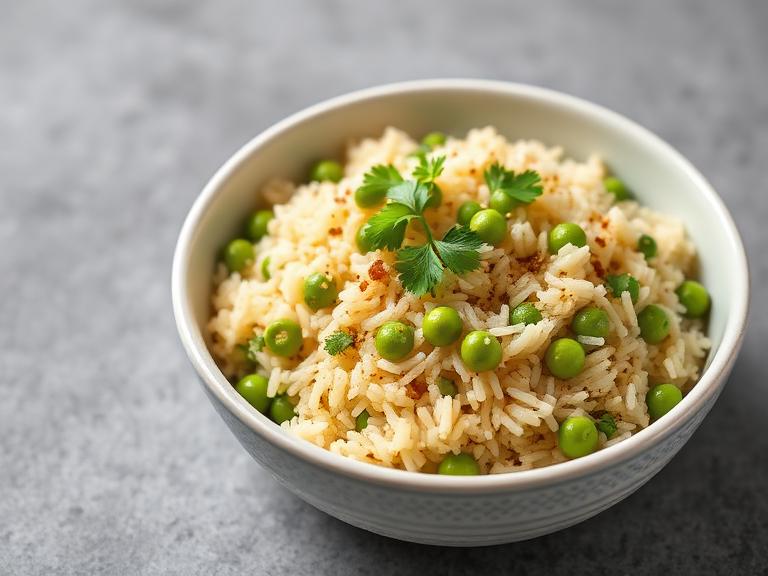 Matar Pulao — Freshly cooked Matar Pulao, aromatic and satisfying.