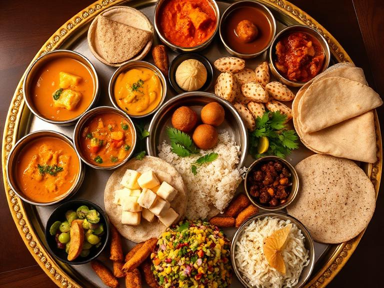 Super Deluxe Thali — Dal fry, paneer masala, mix veg, chawal, roti, salad, achar, papad, raita and mithai.