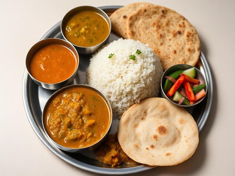 Sada Bhojan Thali — Dal, sabzi, chawal, 4 roti, salad, achar and papad.