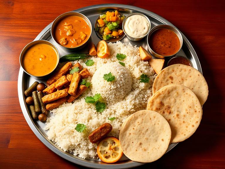 Special Thali — Dal fry, matar paneer, chawal, roti, 1 sweet, salad, achar and papad.